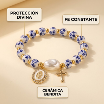 Pulsera de Cerámica de la Virgen Con Cruz Chapada en Oro 18k
