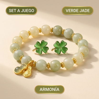Combo de Jade Imperial | Brazalete con Dije Oro 18k + Aros de Trébol